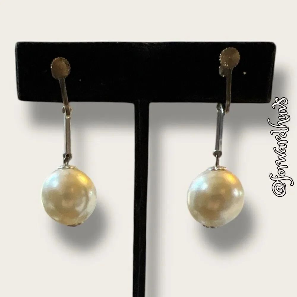 Antique JAPAN Faux Pearl Dangle Screw-Back Non-Pierced Earrings